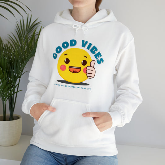 Cozy Good Vibes hoodie with a positive graphic design