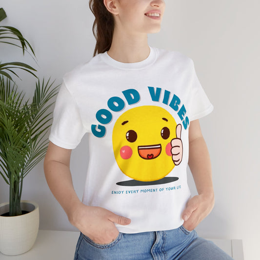 "Cozy Good Vibes tee with a positive graphic design