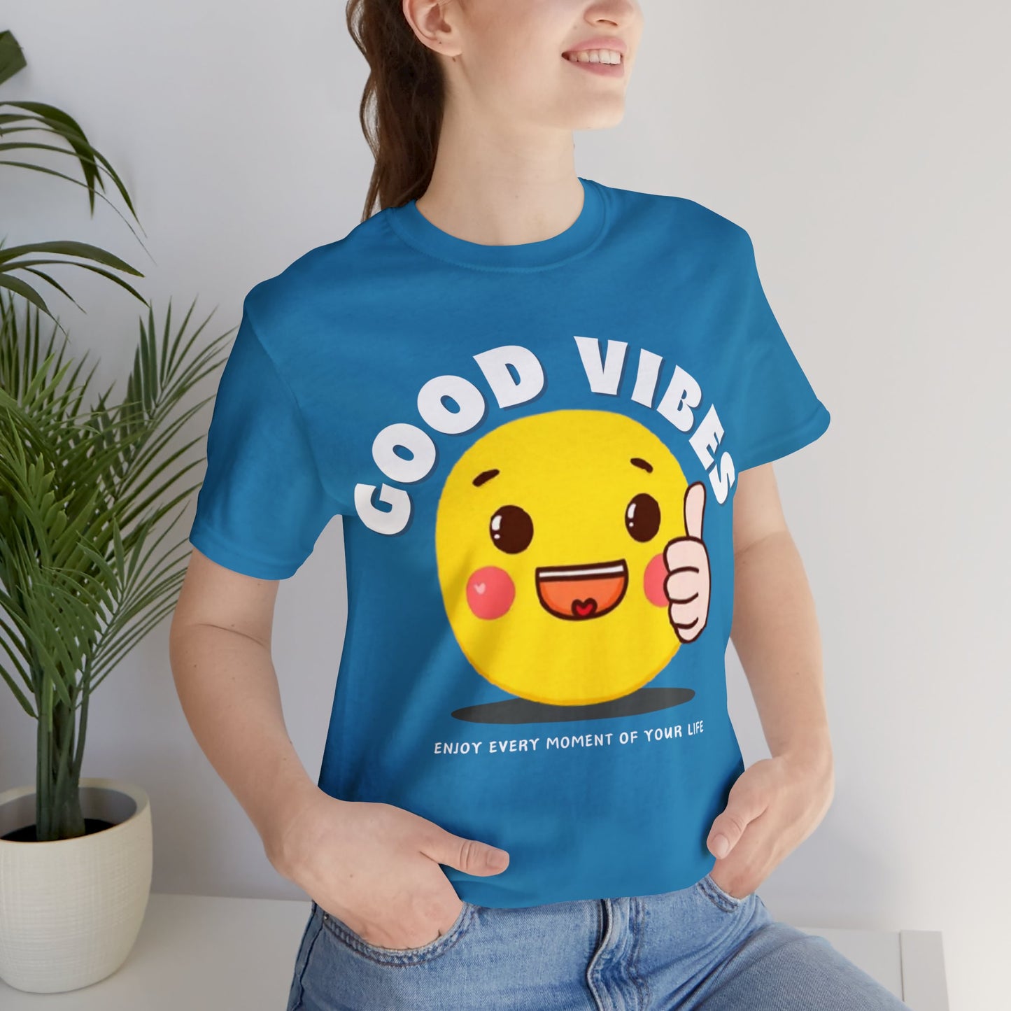 Cozy Good Vibes tee with motivational quote