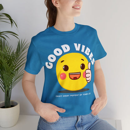 Cozy Good Vibes tee with motivational quote