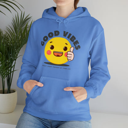 "Good Vibes hoodie featuring a cheerful design"