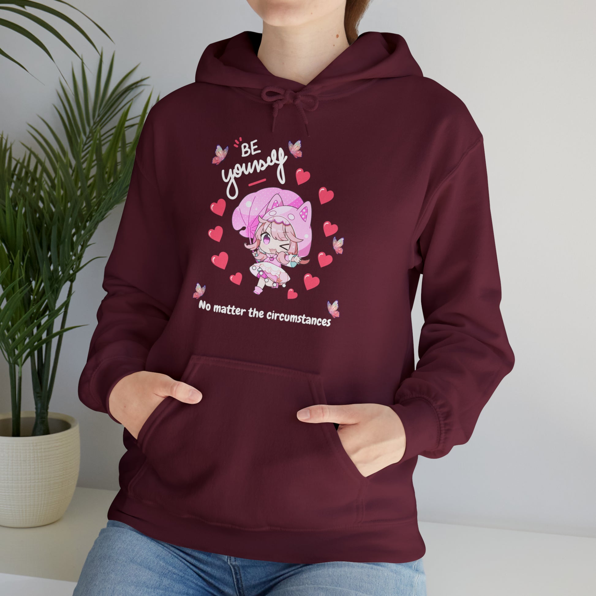 Inspirational Be Yourself hoodie with bold graphic lettering.