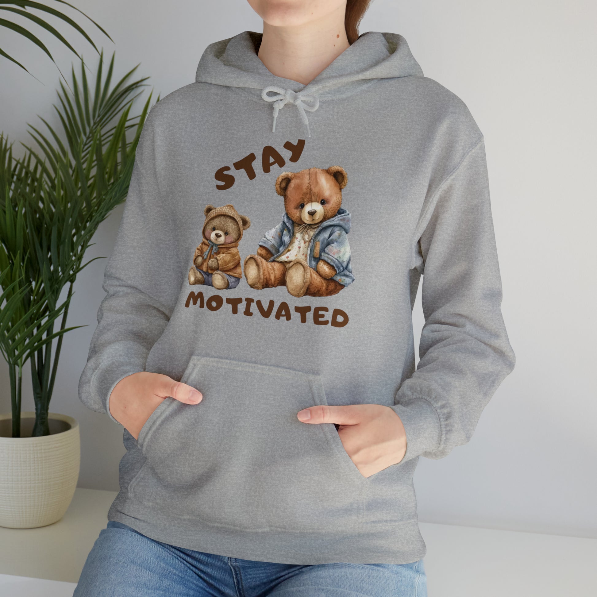 “Minimalist Stay Motivated hoodie with clean motivational typography