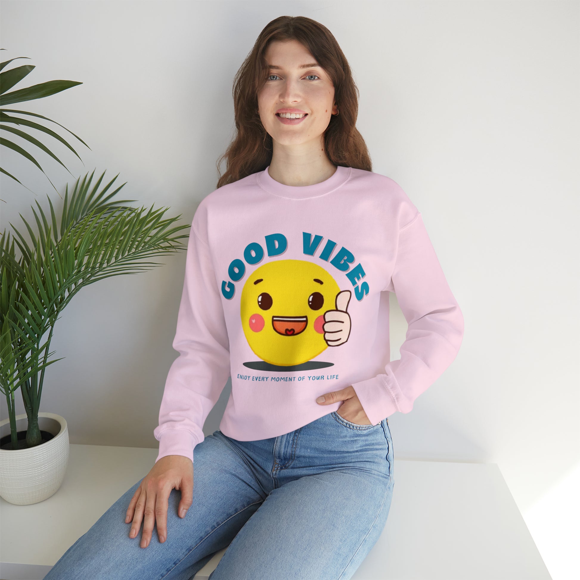 Relaxed-fit Good Vibes sweatshirt with uplifting slogan