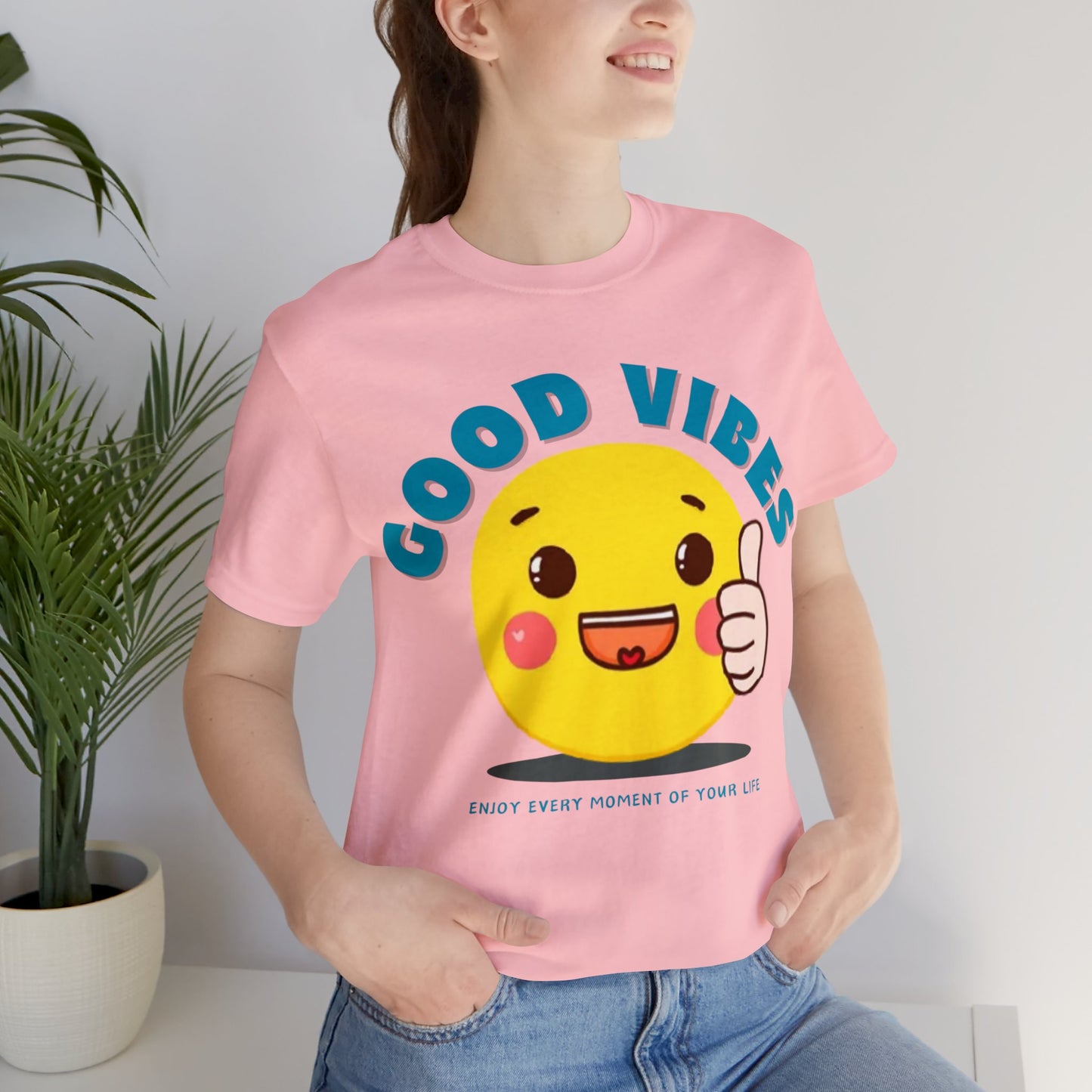 Stylish Good Vibes tee with uplifting message
