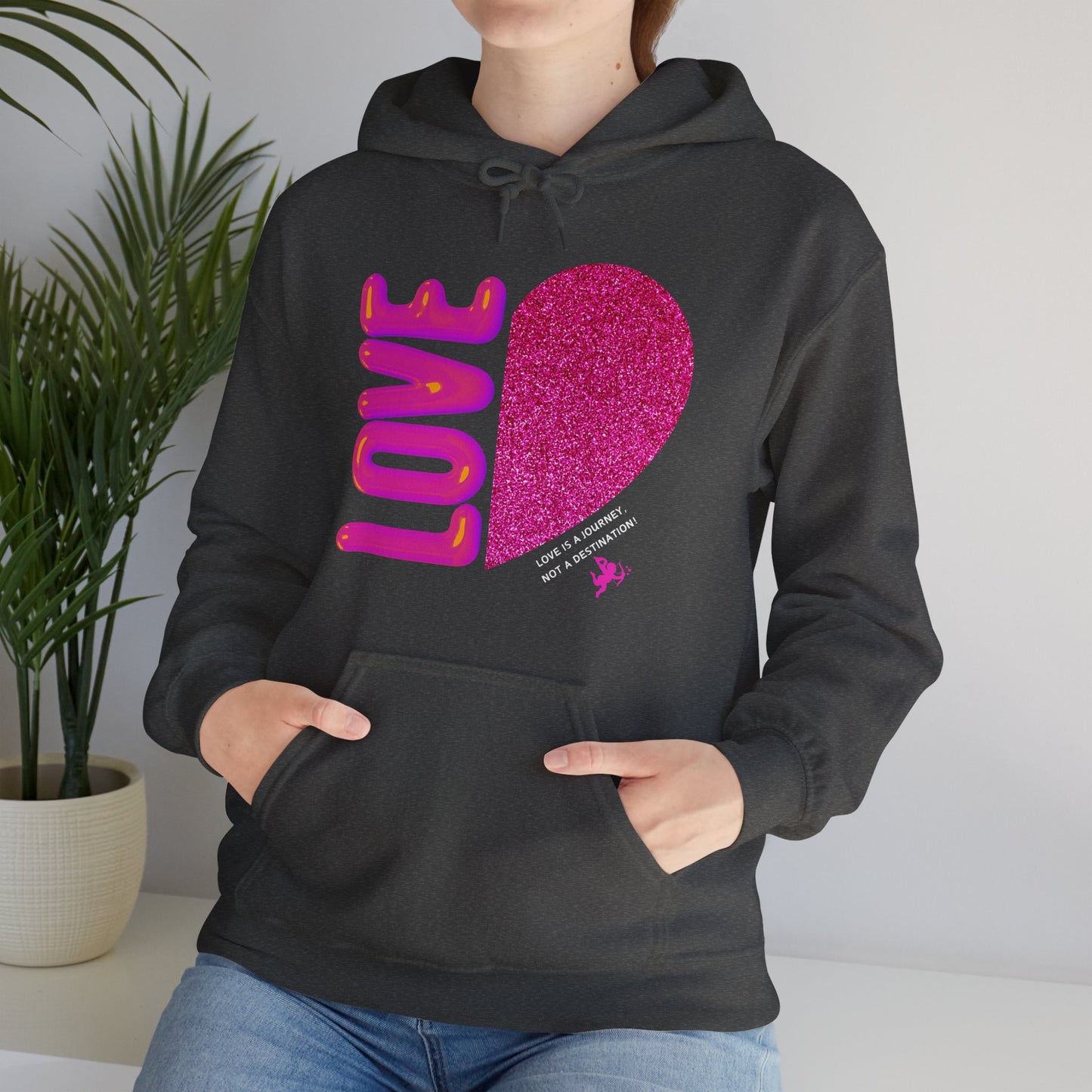 Stylish love hoodie with love-themed graphic print